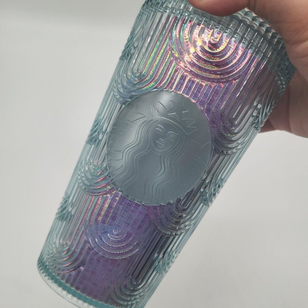 Starbucks Coffee 2022 Iridescent Rainbow Holographic Wave 16 oz Tumbler Cold Cup - Picture 2 of 8